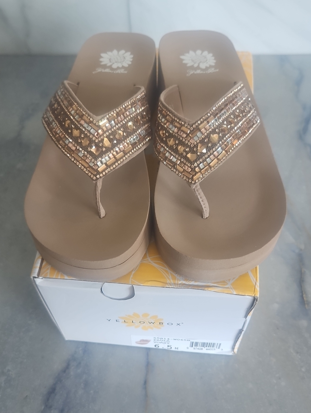 Yellow Box Beaded Taupe Platform Thong Sandals